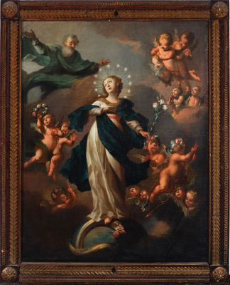 a painting of the immaculate surrounded by angels and chers