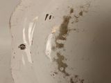 a white bowl with a brown spot on it