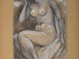 painting of a nude woman sitting on the ground with her head in her hands