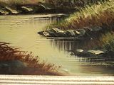 a painting of a river with boats in it