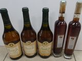 several bottles of wine are lined up on a tile floor