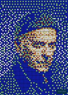 une broderie au point de croix représentant le visage d'un homme sur fond bleu