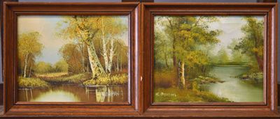 two paintings of trees and a river are hanging on a wall