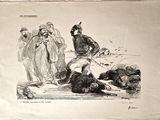 dessin représentant un homme à cheval attaqué par un homme portant un turban