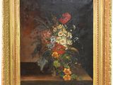 an oil painting of flowers in a vase on a table