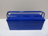 a blue metal tool box sitting on top of a white table