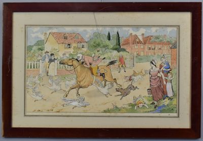 tableau encadré représentant un homme à cheval poursuivant une volée d'oiseaux