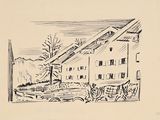 an image of a drawing of a house with a boat in the yard