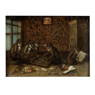 tableau représentant trois singes jouant aux cartes dans une pièce près d'une fenêtre