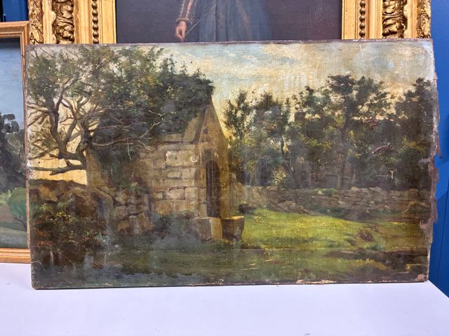 École du XIXème « Chapelle en Bretagne ». Huile sur toile. Non si...