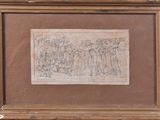 an old drawing of a group of people standing in a line