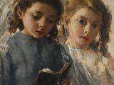 an image of a painting of two young girls reading a book