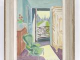 tableau représentant une chaise verte dans une pièce donnant sur un balcon