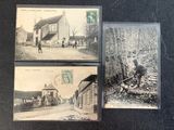 three old postcards of a horse drawn carriage in front of a building