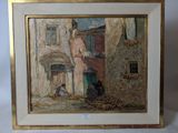 an image of a painting of a street scene with a man and a dog