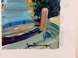 a painting of a man sitting on a boat in the water