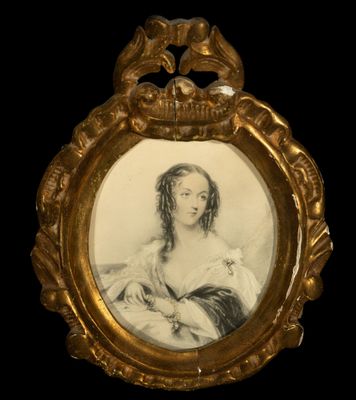 an old picture of a woman in a white dress in a gold frame