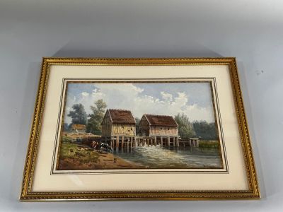 tableau à l'huile encadré représentant une scène fluviale avec une maison et un bateau