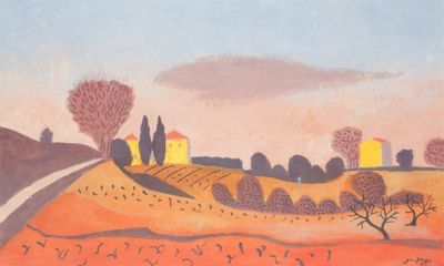 painting of a rural landscape with trees and houses in the distance