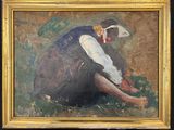 an oil painting of a woman kneeling on the ground with her hands on her knees