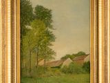 an oil painting of a farm scene with a house in the distance