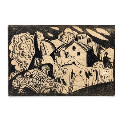 dessin en noir et blanc représentant un village avec un cheval et un homme