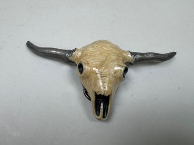 un crâne de vache avec des cornes posé sur une table blanche
