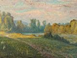 peinture d'un paysage avec une rivière et des arbres au premier plan
