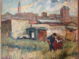 painting of a couple and child in a field with a building in the background