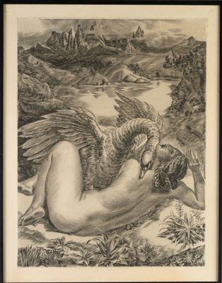 an image of a black and white drawing of a woman laying on the ground with a bird in her hand
