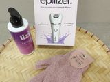 purple cleaning gloves and a bottle of epitizer sitting on a wicker tray