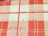 a red and white checkered table cloth with writing on it