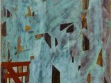 an image of a painting of a city with a red chair in the foreground