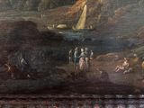 painting of a landscape with figures and a boat in a river