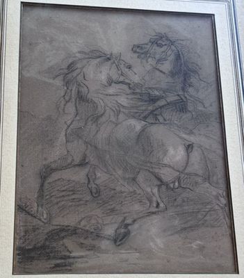 drawing of a man riding a horse with a horse in the background