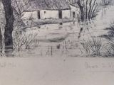 pencil drawing of a house in the woods with trees and water