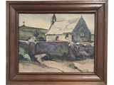 an oil painting of a farm scene with a barn in the background