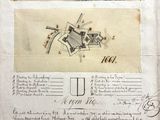 un vieux manuscrit sur lequel figurent le dessin d'une ville et une ville