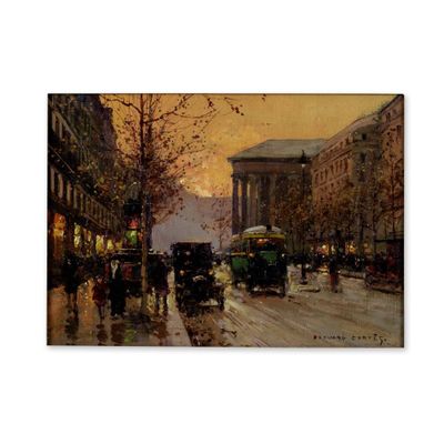 une peinture représentant une rue de la ville avec des voitures et des passants