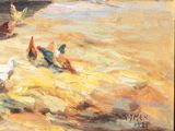 a painting of a group of chickens on the beach