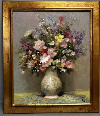 a painting of flowers in a vase on a table