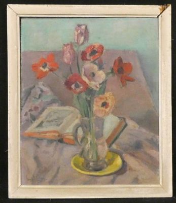 une peinture de fleurs dans un vase sur une table