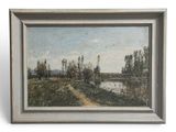 une peinture à l'huile représentant un paysage avec une rivière et des arbres