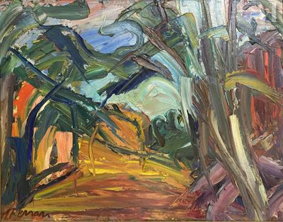 peinture représentant un tableau représentant un paysage avec des arbres et un bâtiment