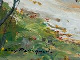 an oil painting of a bird flying over a field with trees