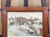tableau représentant une vue de ville, posé sur un chevalet à cadre en bois