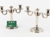 pair of silver plated candelabs with green card holder