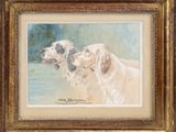 une peinture à l'huile représentant deux chiens debout l'un à côté de l'autre