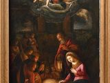 an image of a painting of a nativity scene with angels and a manger