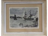framed watercolor painting of a ship in a harbor with people standing on the shore